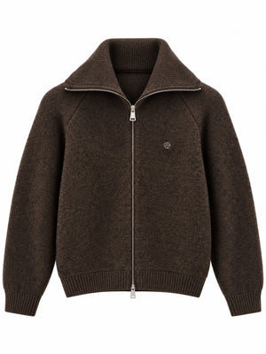 Kahverengi Mini Broşlu Fermuarlı Hırka M-2622-Kahverengi