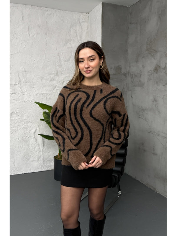 Kahverengi Zebra Desen Yumoş Kazak EY2828-Kahverengi