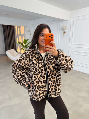 Leopar Ön Fermuarlı Peluş Sweat 22889-Leopar