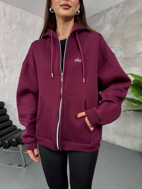 Bordo Ön Fermuarlı Kapüşonlu Sweatshirt