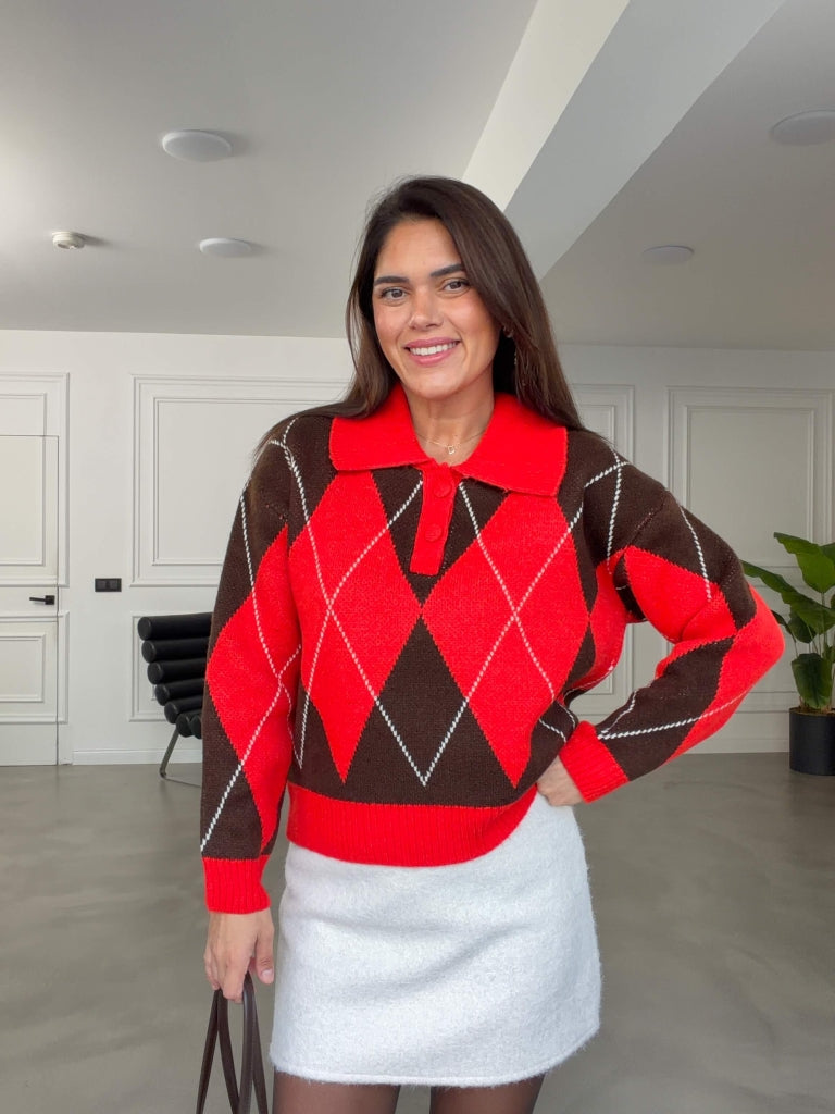 Kırmızı Baklava Desenli Polo Yaka Triko Kazak 002725-Kırmızı