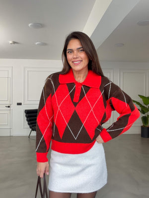 Kırmızı Baklava Desenli Polo Yaka Triko Kazak 002725-Kırmızı
