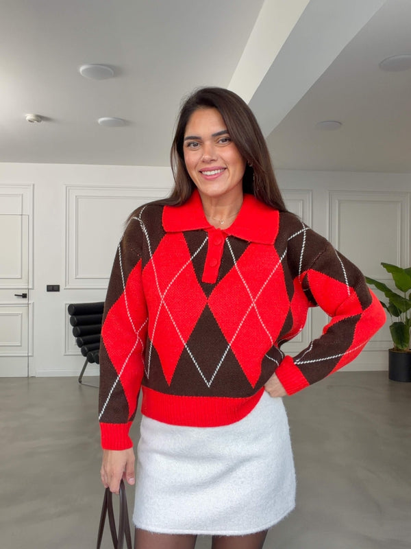 Kırmızı Baklava Desenli Polo Yaka Triko Kazak 002725-Kırmızı