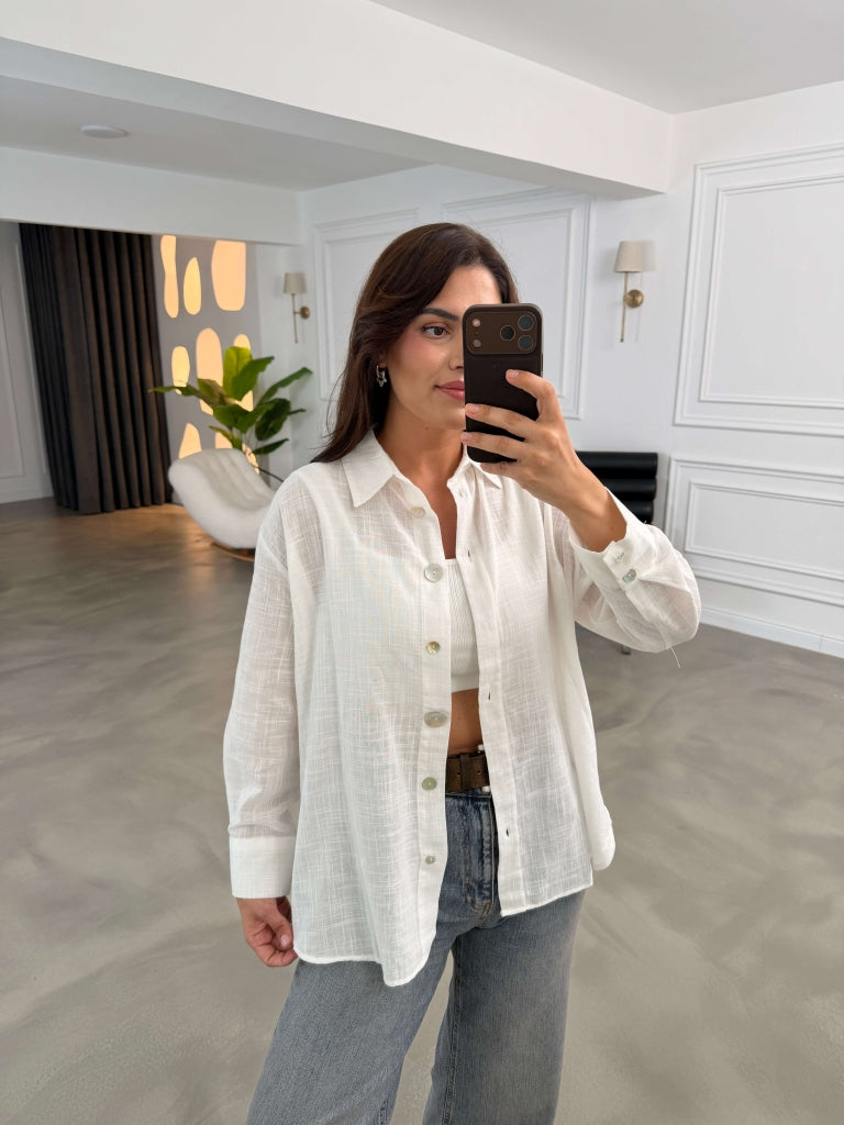 Beyaz Düğme Detaylı Keten Gömlek 580384-Beyaz