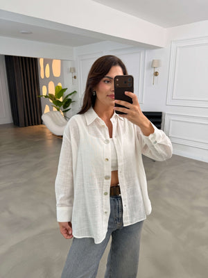 Beyaz Düğme Detaylı Keten Gömlek 580384-Beyaz