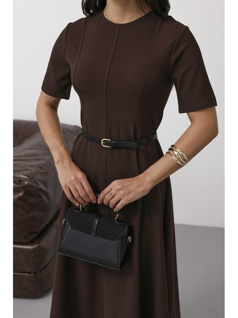 Kahverengi Kısa Kollu Kemerli Maxi Elbise 261013-Kahverengi