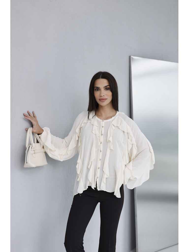Ekru Katlı Volanlı Bluz 5025-EKRU