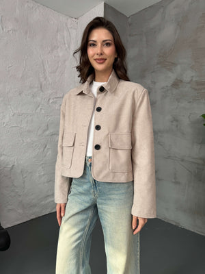 Taş Cepli Süet Kısa Ceket 9486-Taş