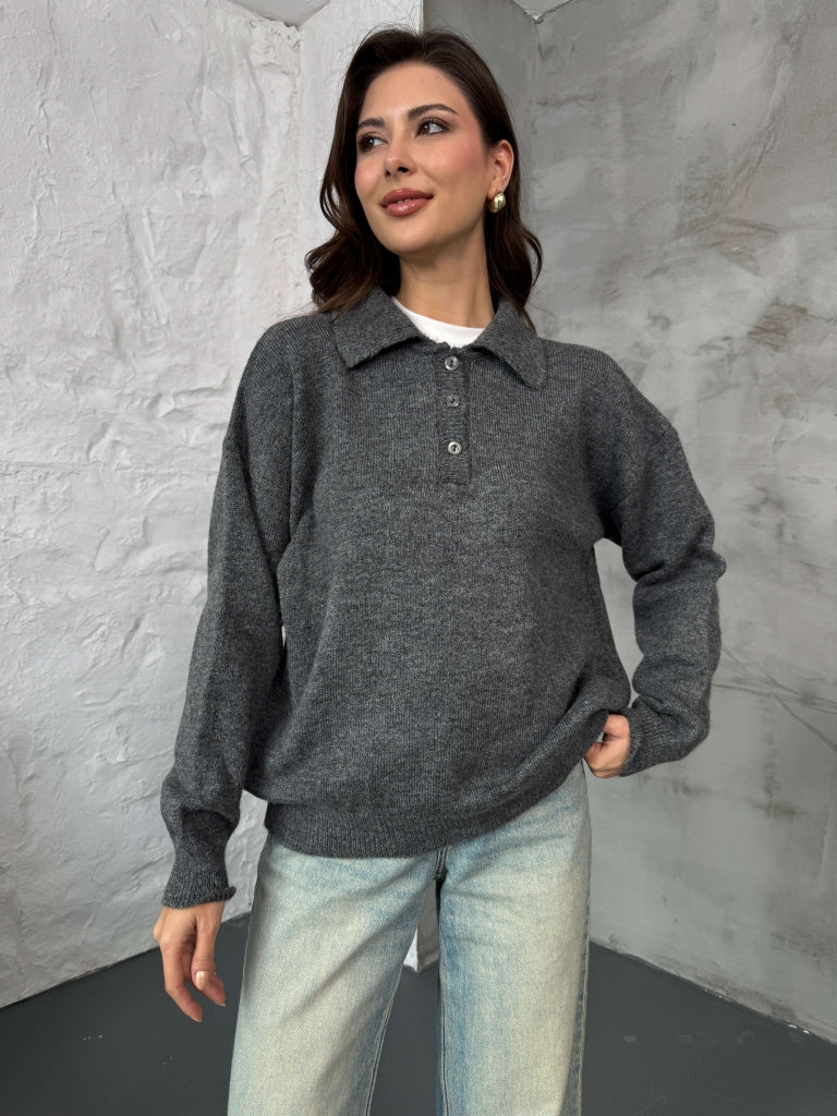 Gri Polo Yaka Düğmeli Triko Kazak 2482-GRİ