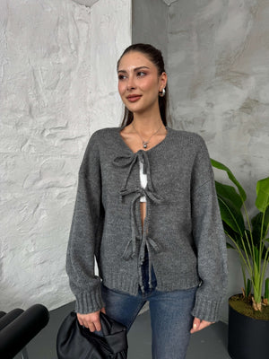 Antrasit Önü Bağcıklı Örme Hırka EY2426-Antrasit