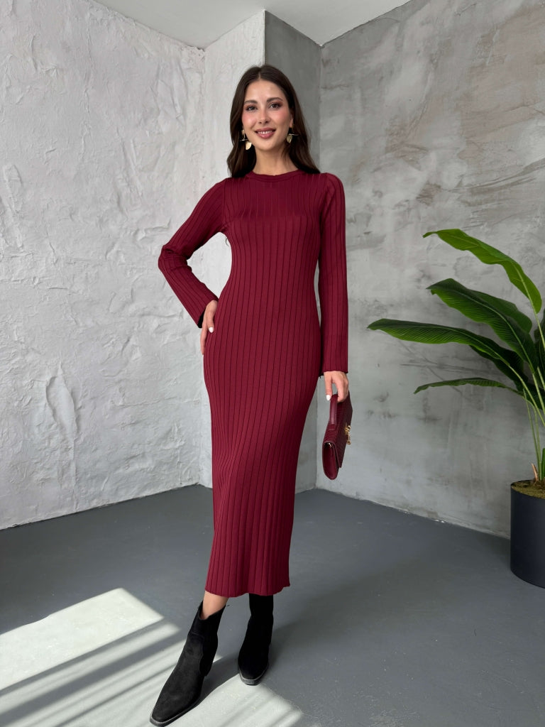 Bordo Massi Model Merserize Triko Elbise
