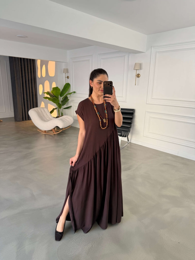 Kahve Yandan Yırtmaçlı Salaş Elbise 0066-Kahve