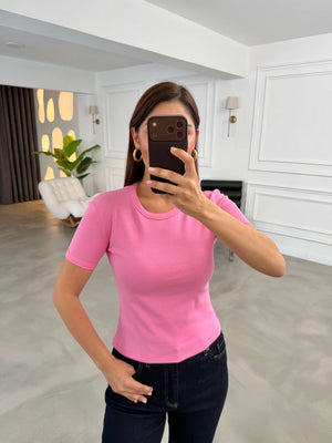 Pembe Bisiklet Yaka Basic Tshirt 24104-Pembe