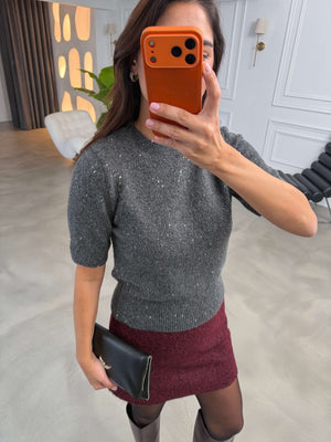 Füme Kısa Kollu Pullu Triko Bluz 2944-Füme