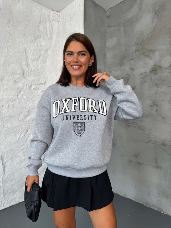 Gri Oxford Nakışlı Bisiklet Yaka Sweat