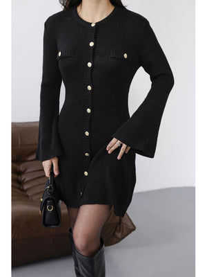 Siyah Uzun Kol Gold Düğmeli Triko Elbise 0159-Siyah