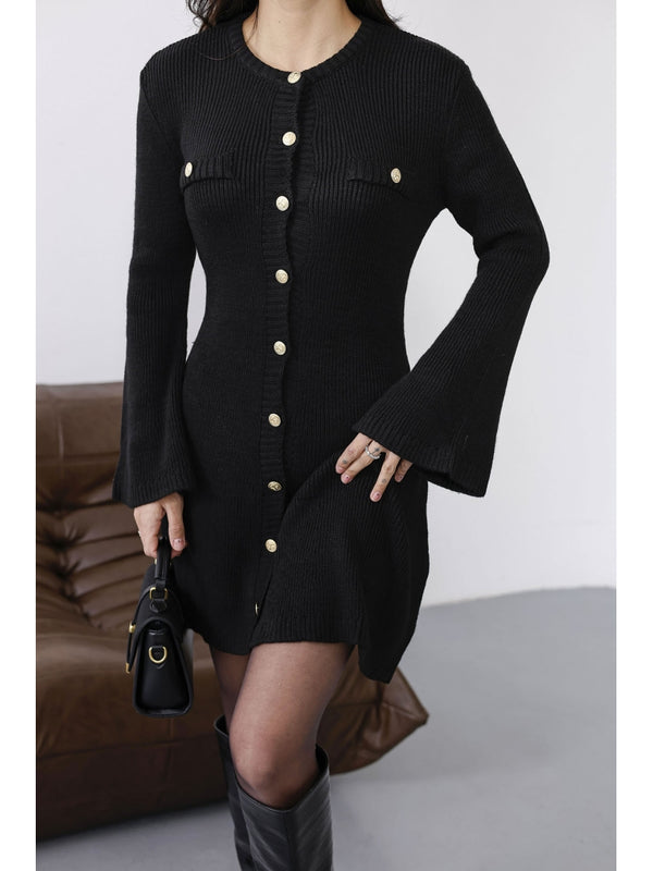 Siyah Uzun Kol Gold Düğmeli Triko Elbise 0159-Siyah
