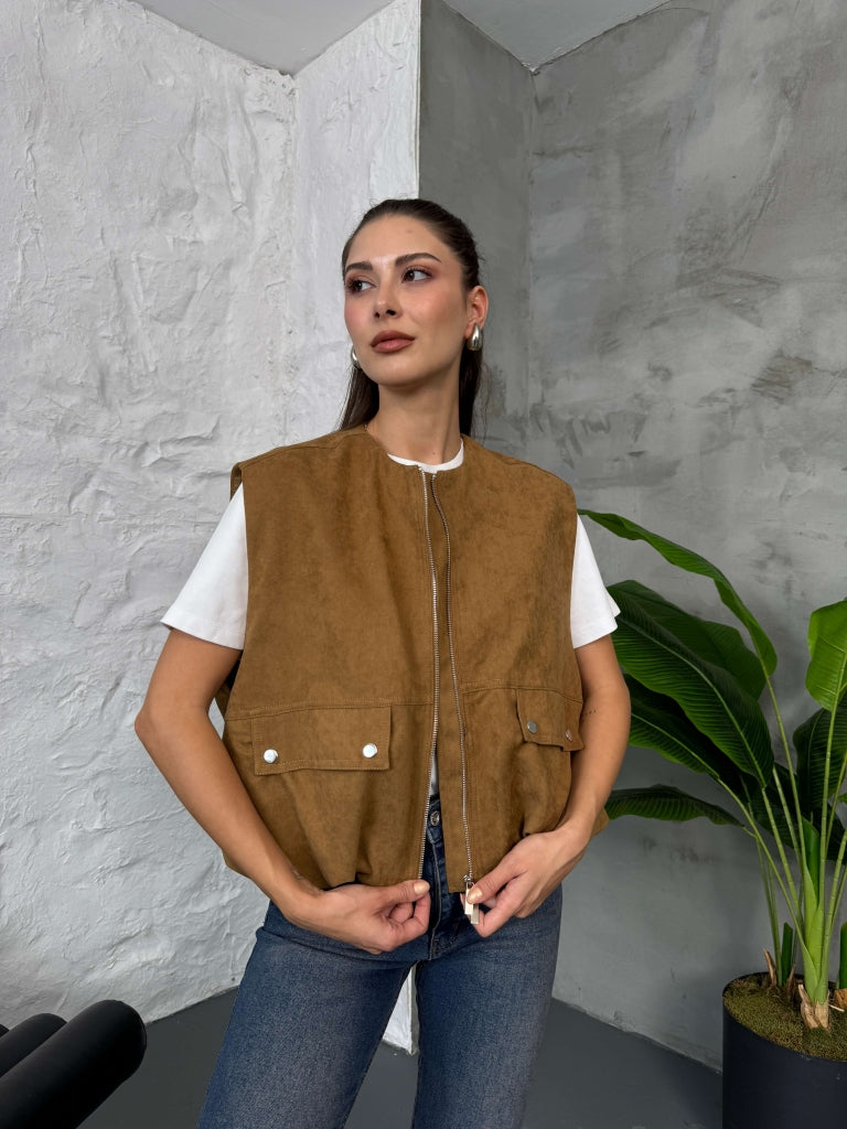 Camel Tasarım Süet Yelek