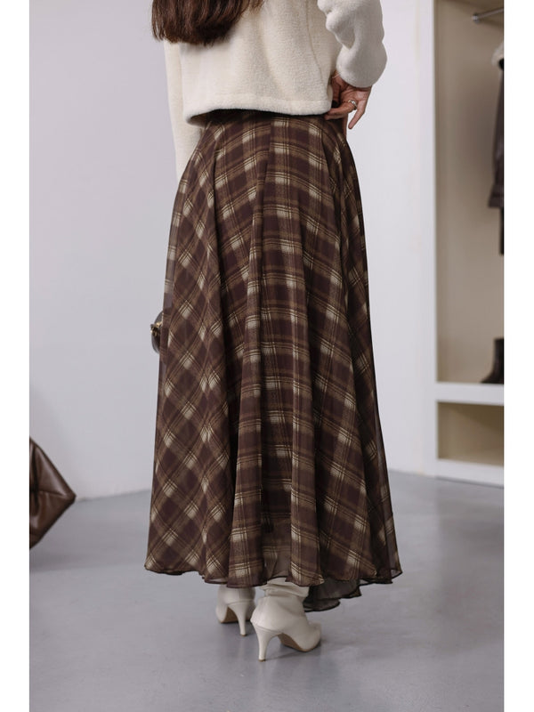 Kahverengi Haki Ekose Detaylı Şifon Etek 0613-Kahve Haki