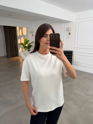 Beyaz Taş Baskılı Tshirt 4236-Beyaz
