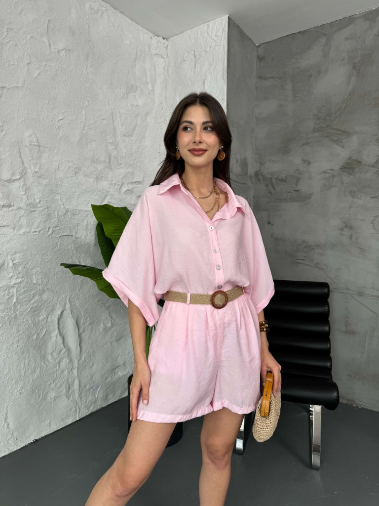 Pembe Hasır Kemerli Şortlu Tencel Takım