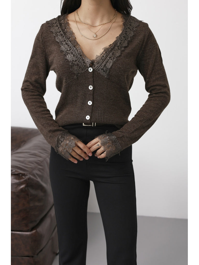 Kahverengi Dantel Detaylı Triko Hırka 251066-Kahverengi