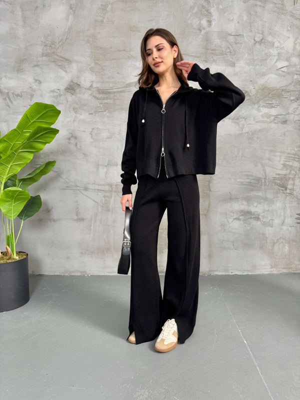 Siyah Kapşanlu Çift Fermuarlı Takım 0091-SİYAH