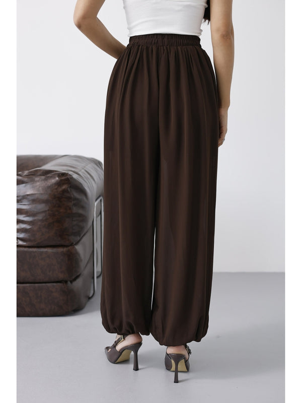Kahverengi Paçası Lastikli Şalvar Pantolon 51316-Kahverengi