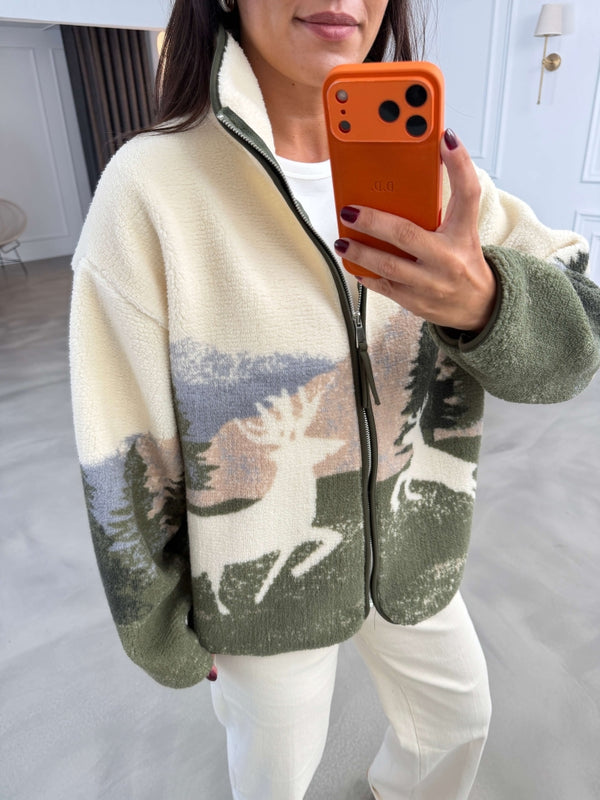 Haki Ön Fermuarlı Peluş Sweat 22889-Haki