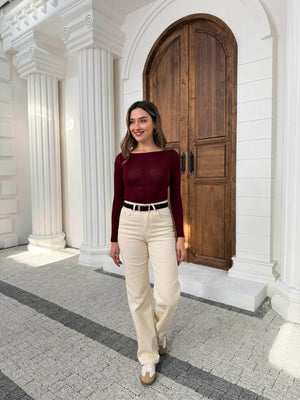 Bordo Kayık Yaka Transparan Bluz 25187-Bordo