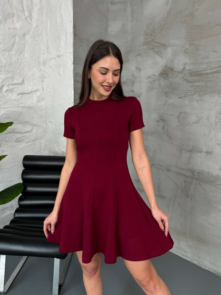 Bordo Kısa Kol Volanlı Modal Elbise