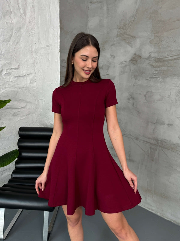 Bordo Kısa Kol Volanlı Modal Elbise