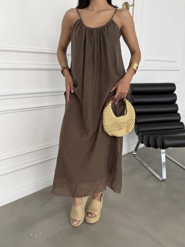 Kahve Tencel Pelerin Bluzlu Elbise 51361-Kahve