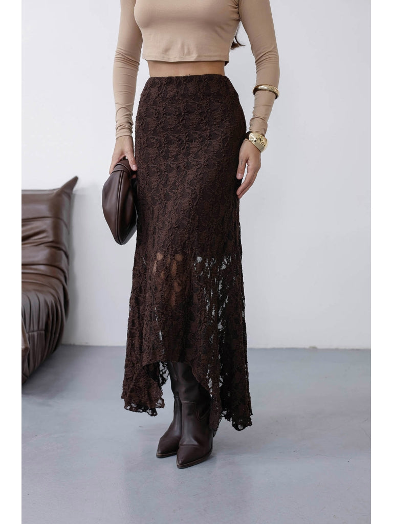 Kahverengi Asimetrik Dantel Etek 7200-Kahverengi