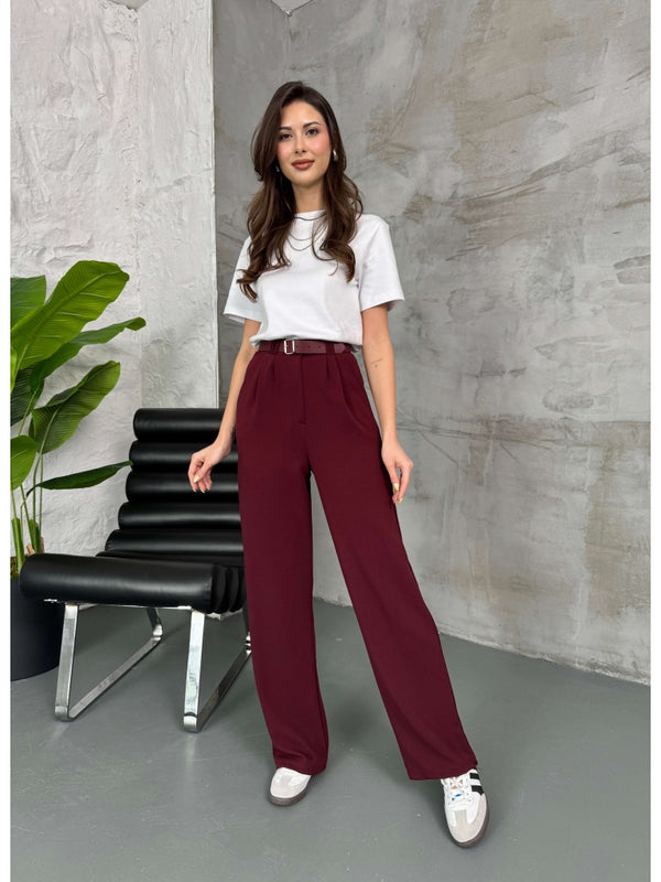 Bordo Çift Pileli Kemerli Pantolon