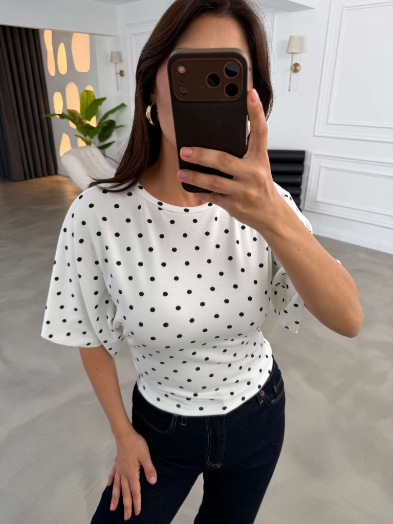 Ekru Puantiyeli Bel Büzgülü Tshirt 1105-Ekru