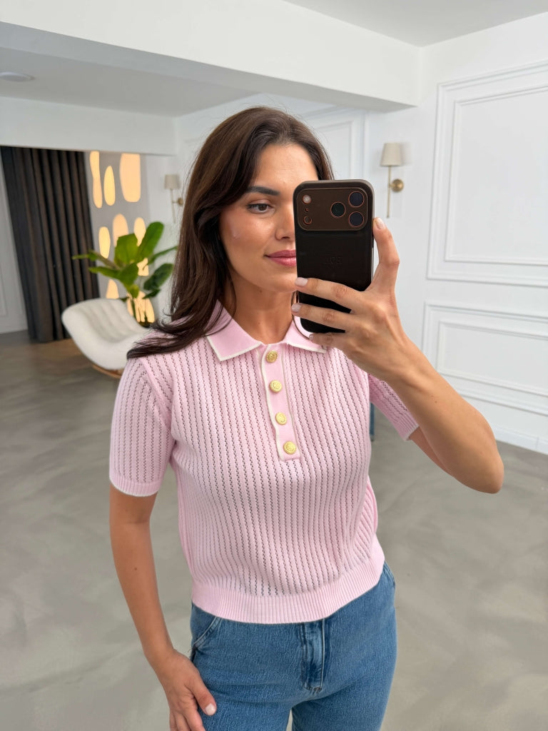 Pembe Ajurlu Gold Düğmeli İnce Triko Bluz 2771-Pembe