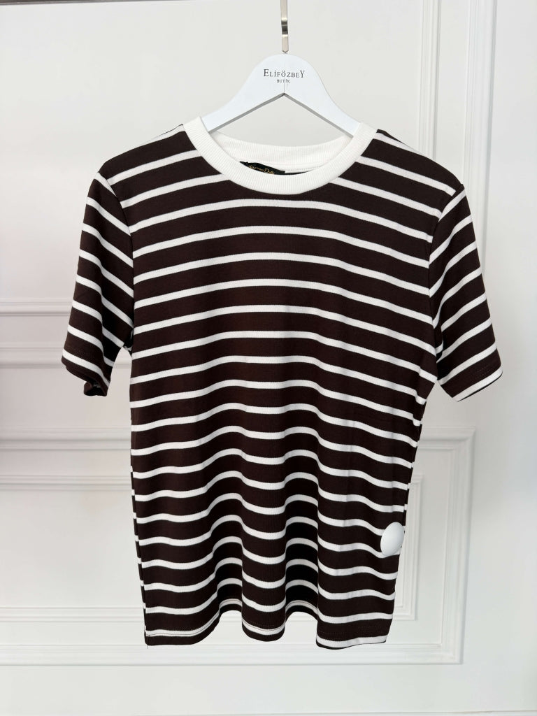 Kahve Beyaz Çizgili Orj Tshirt 58628-Kahve