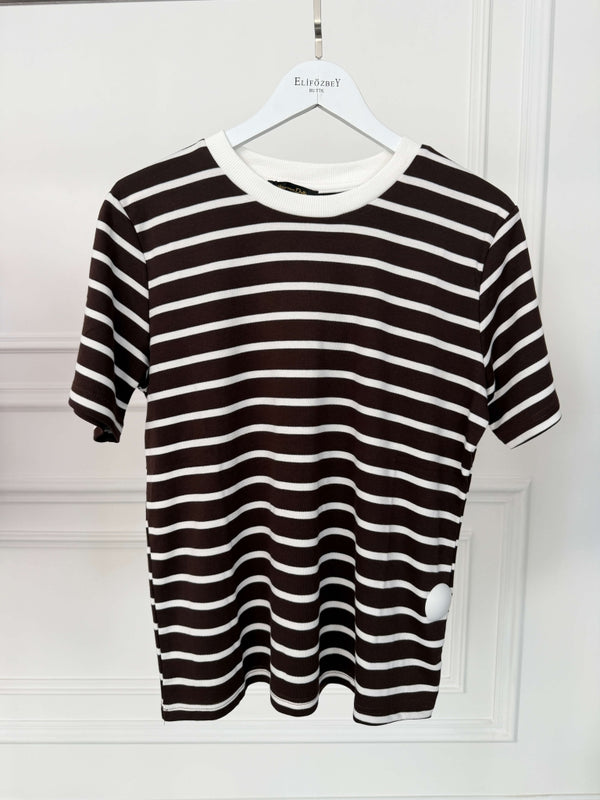 Kahve Beyaz Çizgili Orj Tshirt 58628-Kahve