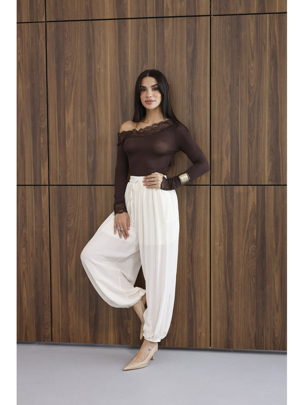 Ekru Paçası Lastikli Şalvar Pantolon 51316-Ekru
