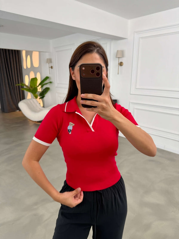 Kırmızı Polo Yaka Teddy Nakışlı İnce Triko Bluz 2791-Kırmızı