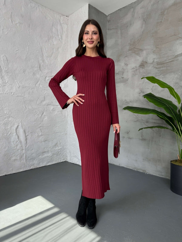 Bordo Massi Model Merserize Triko Elbise