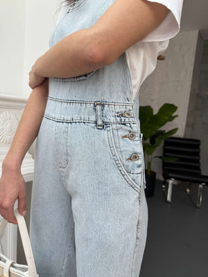 Buz Mavi Geniş Paça Denim Salopet