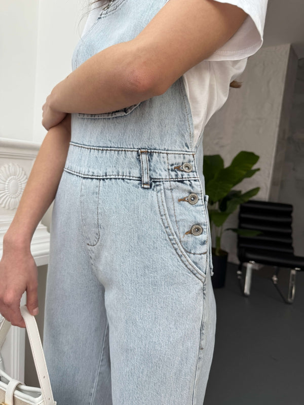 Buz Mavi Geniş Paça Denim Salopet