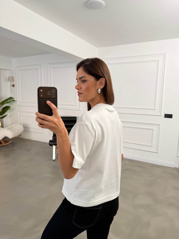 Beyaz Bisiklet Yaka Basıc Tshirt 6597-Beyaz