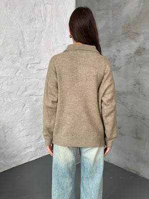 Vizon Polo Yaka Düğmeli Triko Kazak 2482-VİZON