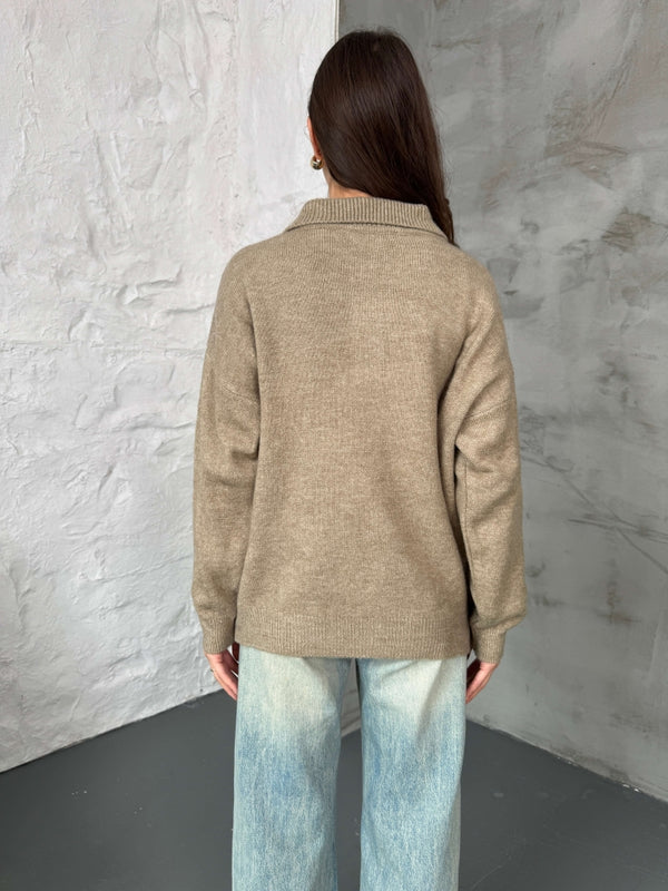 Vizon Polo Yaka Düğmeli Triko Kazak 2482-VİZON