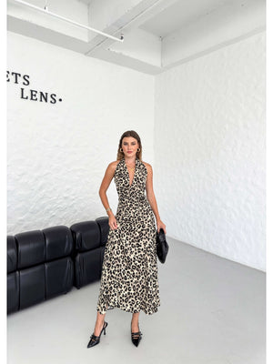 Leopar Boyun Detaylı Elbise
