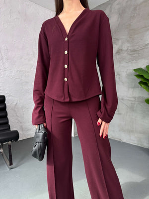 Bordo Gold Düğmeli Hırkalı Selanik Takım