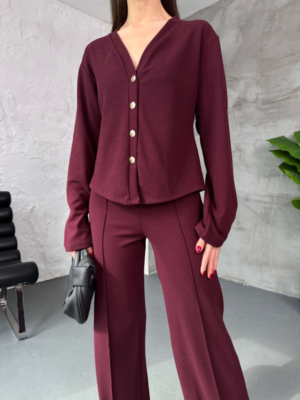 Bordo Gold Düğmeli Hırkalı Selanik Takım